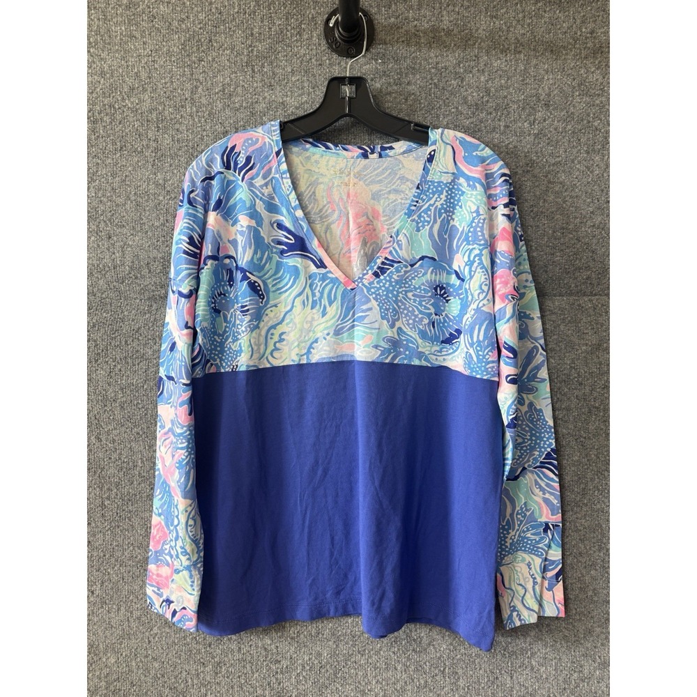 Lilly Pulitzer Top Womens Small Blue Finn V Neck Shade Seekers Preppy Beachy H70
